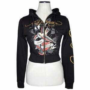 Ed Hardy Swallow Cropped Black Hoodie size M